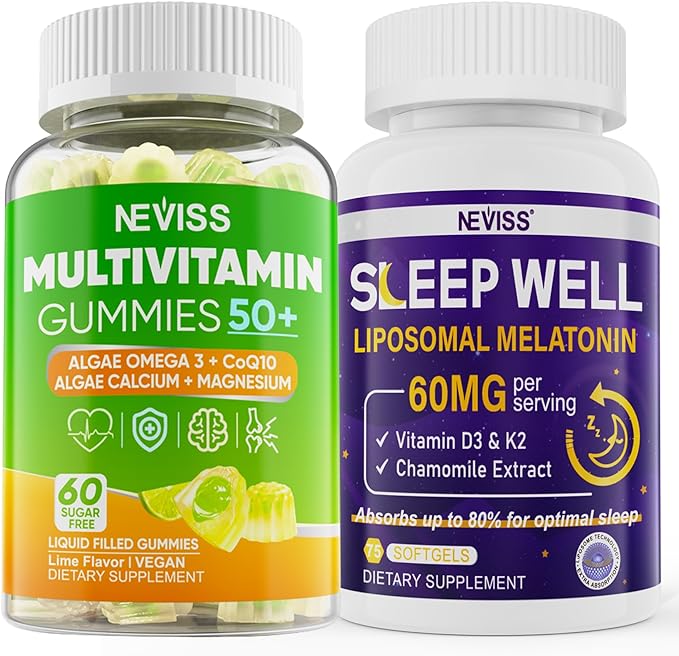 NEVISS Women &amp Men's 50+ Multivitamin Gummy and Melatonin 60mg Bundle