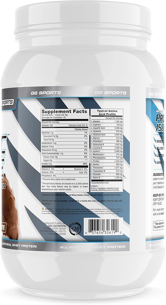 G6 Sports Nutrition Prolific Isolate All Natural Whey Protein Isolate (Gluten Free Lactose Free Stevia Sweetened 25g Protein 100 Calories) – 2.5lb Jar – Chocolate