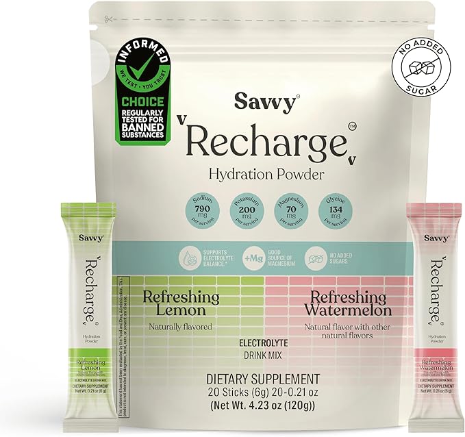 SAVVY Bone Broth Power Vanilla Protein Powder 22g Protein 12g Collagen &amp Recharge Electrolyte Powder Sugar Free Hydration Drink Sodium Magnesium Potassium (Variety (Lemon + Watermelon))