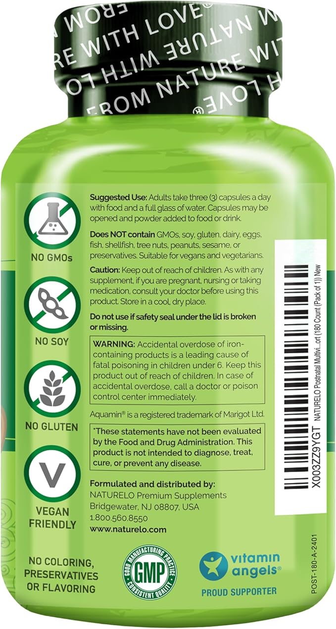 NATURELO Postnatal Multivitamin - Supplement for Breastfeeding Women - Plant-Based Vitamin D Folate Gentle Iron - for Nursing Mother Baby - Post Natal Lactation Support 180 Capsules