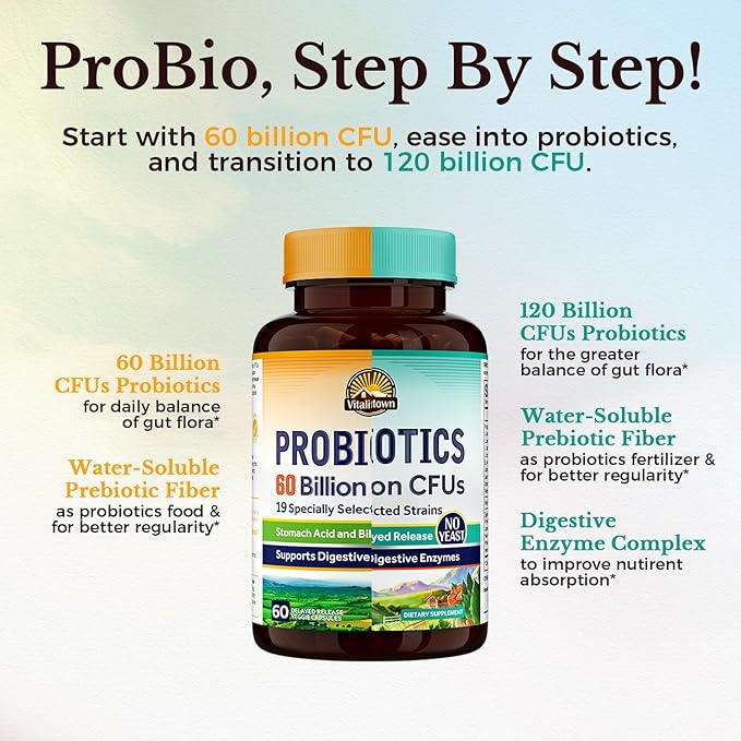 Vitalitown Probiotic Bundle (Pack of 2) | Probiotics 60 Billion CFUs (Item 1) &amp Probiotics 120 Billion CFUs (Item 2) | Shelf Stable | Digestive &amp Immune Health | 30 Day Supply Each