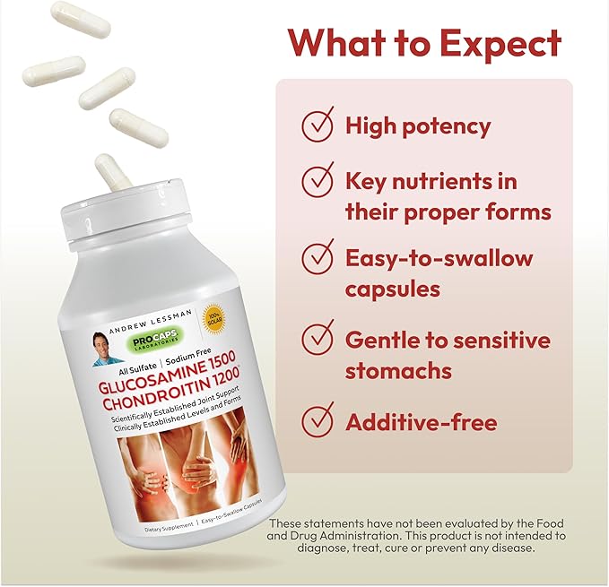 ANDREW LESSMAN Glucosamine 1500 Chondroitin 1200mg - 75 Capsules - 100% Sulfate Form Research Established Ingredients and Levels for Support of Healthy Joint Tissue. Small Easy to Swallow Capsules