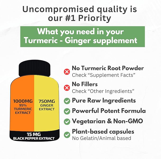 Turmeric Curcumin with Ginger – 1750mg High-Potency Formula with 95% Standardized Curcuminoids and Ginger Extract – Black Pepper for Enhanced Absorption – 60 Vegan Capsules