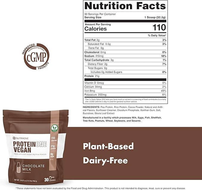 NutraOne ProteinOne Vegan Plant-Based Protein Powder Vegan Protein Powder Dairy-Free Pea and Rice Protein (Chocolate Milk)