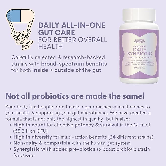 CoLymph® Daily Synbiotic Upgraded 24 Strains 65 Billion CFU High Potency Prebiotics + Probiotics | Non-Dairy Supports Gut Health Digestion Bloating Mood 30 Vegan Capsules