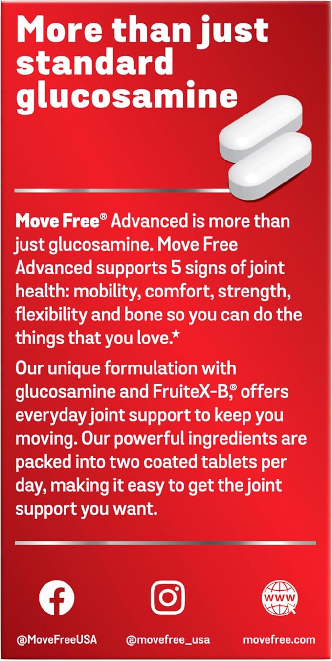 Move Free Advanced Glucosamine Chondroitin + Calcium Fructoborate Joint Support Supplement Supports Mobility Comfort Strength Flexibility &amp Bone - 160 Tablets (80 servings)*