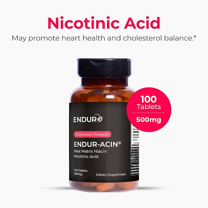 ENDUR-ACIN Niacin Supports Heart &amp Circulatory Function Extended Release Formula Gluten Free 500mg (100 Tablets)