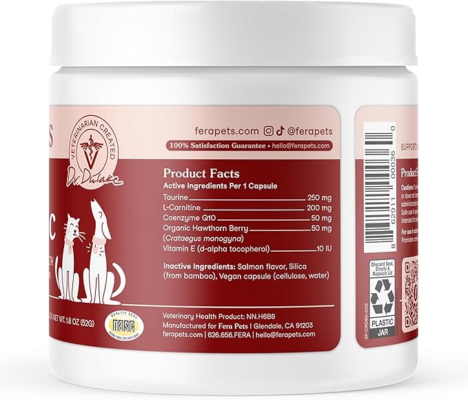 Fera Pets Cardiac Support - Cat &amp Dog Heart Supplement with Taurine L-Carnitine &amp CoQ10 - Promotes Normal Circulation and Heartbeat - 60 Capsules