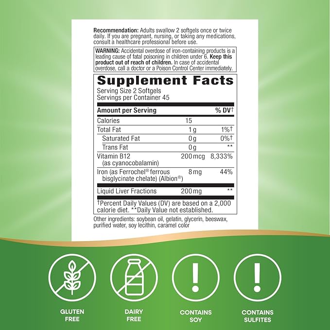 Nature's Way Energizing Iron - Red Blood Cell Support* - 8 mg Iron -200 mcg of Cyanocobalamin &amp Vitamin B12 per 2-Softgel Serving - Gluten Free - 90 Softgels
