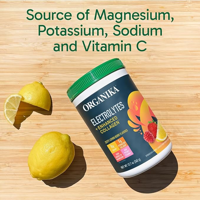 Organikа Electrolytes with Enhanced Collagen Powder for Women &amp Men - 13 oz - Zesty Lemon Berry-Flavored Effervescent Electrolyte &amp Collagen Drink Mix - Deep Hydration Mobility Skin Hair &