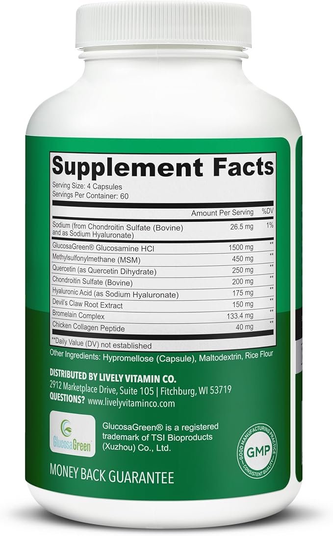 LIVELY VITAMIN CO. Joint Jive - Lubricate Joints (Knee Ankle Neck Shoulder Back) - Collagen - Glucosamine - MSM - Quercetin - Chondroitin - Devils Claw - Shellfish-Free Formula - 240 Count