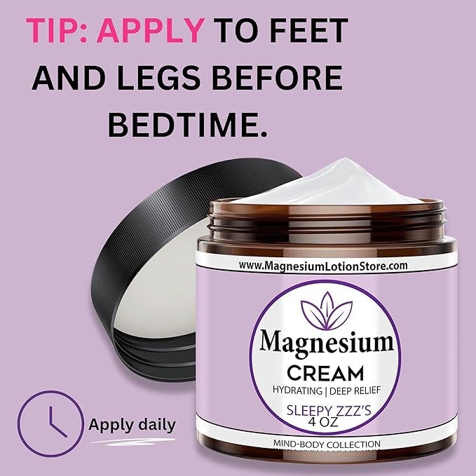 Magnesium Cream with Sleepy Zzz’s Essential Oil Scent Topical Cream for Sleep Leg Cramps &amp Pain Muscle Relaxation Calm Moisturizing Supplement with Coconut Oil Shea Butter Aloe 4 oz USA Ma