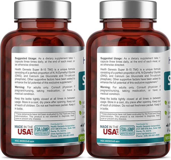 Super B-15 100 Vcaps 2 Pack - Niacin Calcium Choline Inositol DMG TMG - Supports Healthy Oxygen Energy Levels
