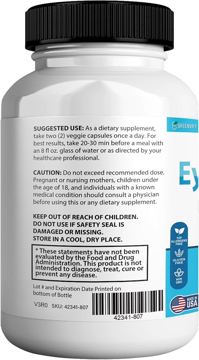 EyeGenics Max Vision Support Supplement 60 Capsules Maximum Strength Eye Health Formula with Lutein Bilberry Extract Vitamins (1)