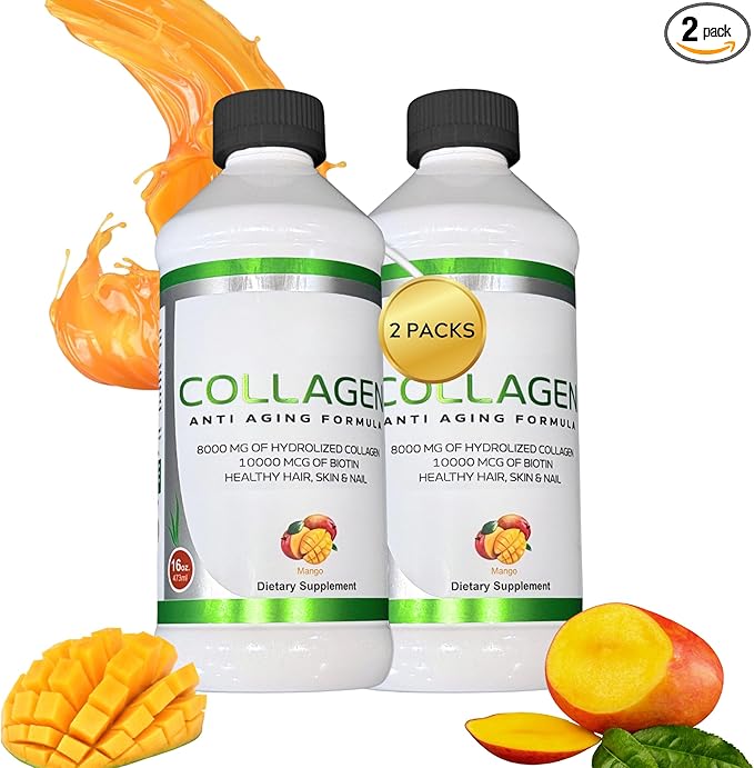 ZAFiNCO Liquid Collagen Peptides for Women &amp Men-Mango Flavored 10000 mcg Biotin+8000 mg HydrolyzedSugar Free Premium Juice for Anti-AgingSkinHairNails &amp Joints -16 Fl oz-Made in USA (2Pac
