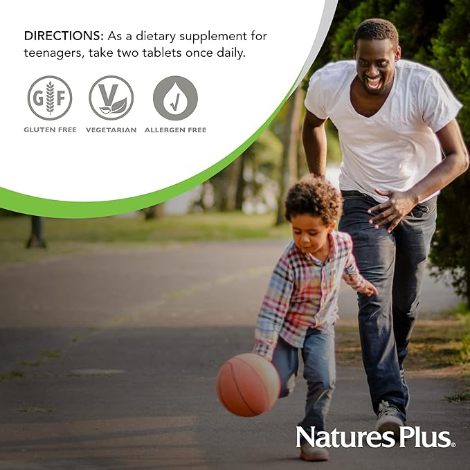 Natures Plus Source of Life Power Teen - 90 Vegetarian Tablets - Teen Multivitamin with Minerals &amp Whole Foods for Mental Focus Energy Booster - Gluten-Free - 45 Servings
