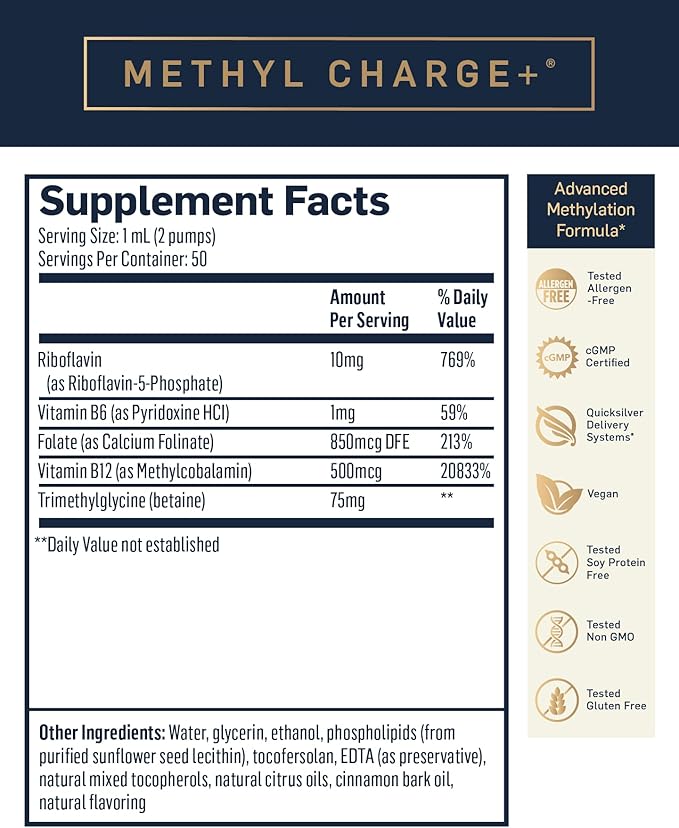 Quicksilver Scientific Methyl Charge - Methylation Liver Detox + Energy Supplement - Folate Vitamin B12 Riboflavin Vitamin B6 + TMG Supplement with Superior Absorption - Vegan B Vitamins (50ml)