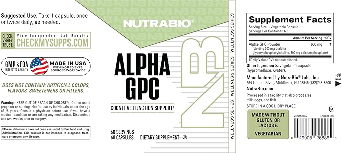 NutraBio Alpha GPC Brain Support &amp Improved Memory Function 300mg - 60 Vegetable Capsules
