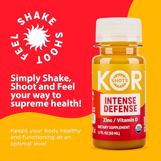 Kor Shot Vitamin D &amp Zinc Shot - 24 Pack x 1.7 Fl Oz - Intense Defense - 100% DV of Zinc and 235% DV of Vitamin D- USDA Certified Organic