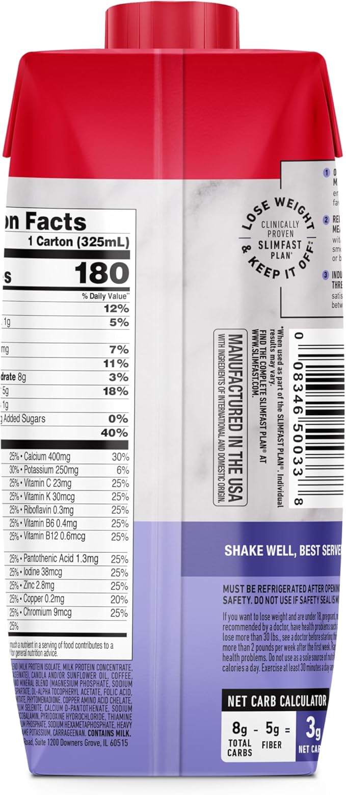 SlimFast Protein Shake with Caffeine Caramel Macchiato- 20g Protein Meal Replacement Shakes High Protein with Low Carb and Low Sugar 24 Vitamins and Minerals 12 Count (Pack of 1)