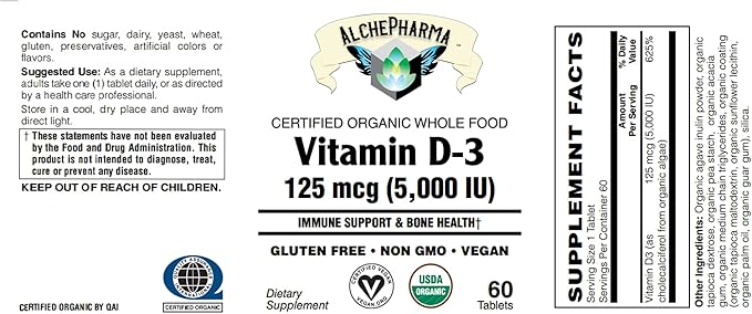 Vitamin D3 (5000 IU - 125 mcg) Certified Organic Chemically-Identical to cholecalciferol of Animal-Origin - Vegan Kosher Halal (60 Tablets)
