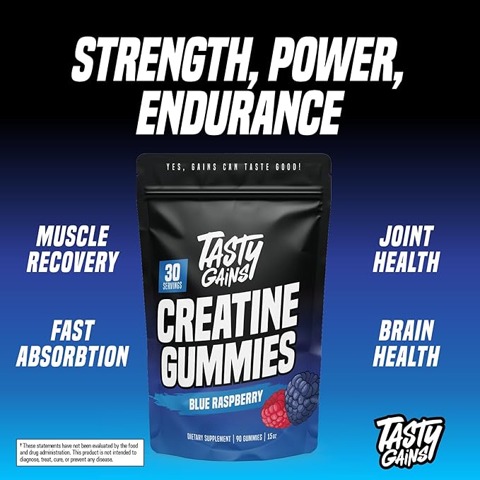 TASTY GAINS Creatine Gummies - 90g of Creatine Monohydrate - Workout Supplements - Build Muscle &amp Boost Strength for Men &amp Women - Made in USA - Non GMO - Vegan Friendly (Large Blue Raspberry