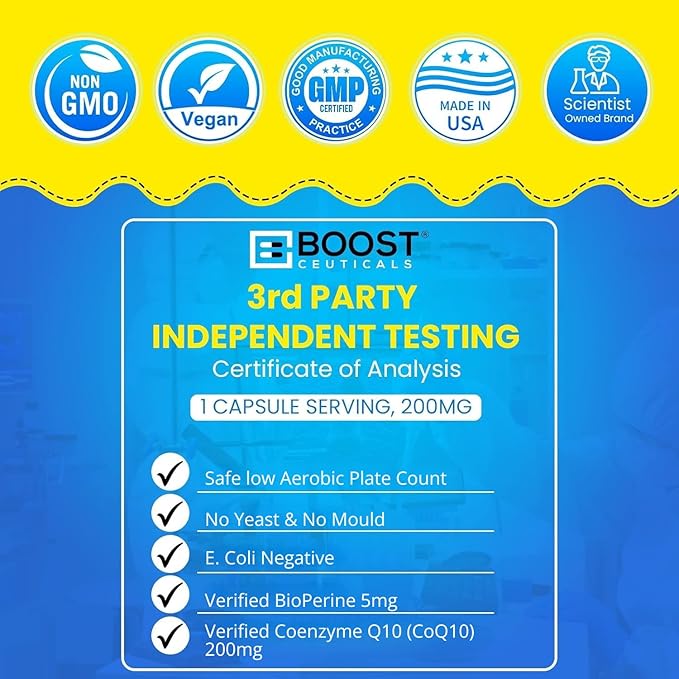 BoostCeuticals CoQ10 200mg Ubiquinone - Heart Health &amp Statin Muscle Support Cellular Energy Healthy Blood Pressure Range Powerful Antioxidant 90 Vegan Capsules