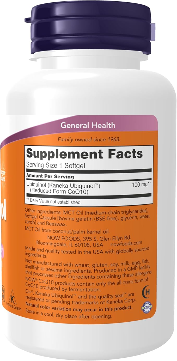 Now Supplements Ubiquinol 100 mg High Bioavailability (The Active Form of CoQ10) 120 Softgels