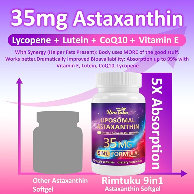 Liposomal Astaxanthin Supplement Complex 9-in-1 with Ashwagandha Lycopene Zeaxanthin Antioxidant Supplement Support Eye Skin &amp Joint Health 240 Capsules