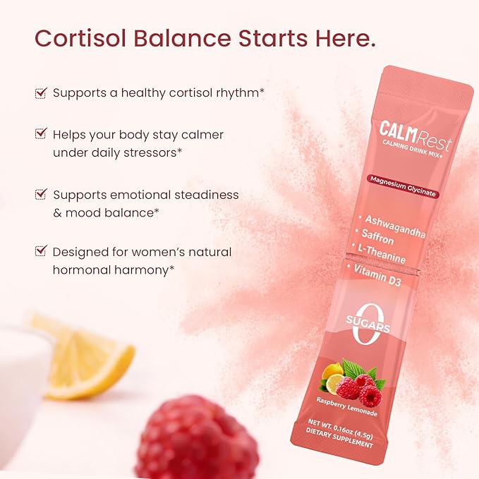 Calm Magnesium Powder Cortisol Supplement for Women Supports Sleep Stress Relief &amp Relaxation with Ashwagandha Saffron L Theanine Vitamin D3 No Sugar 30Ct Raspberry Lemonade