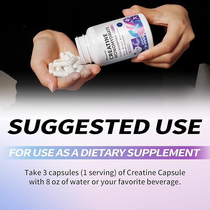 Creatine Monohydrate Capsules -3 Creatine Capsules per Serving 2500mg Gluten Free 180 Capsules