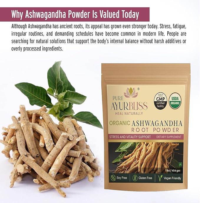 100% Organic Ashwagandha Powder Ayurvedic Blend for Stress Relief Energy and Hormone Balance Supports Digestion Vitality and Cortisol Care - 16oz