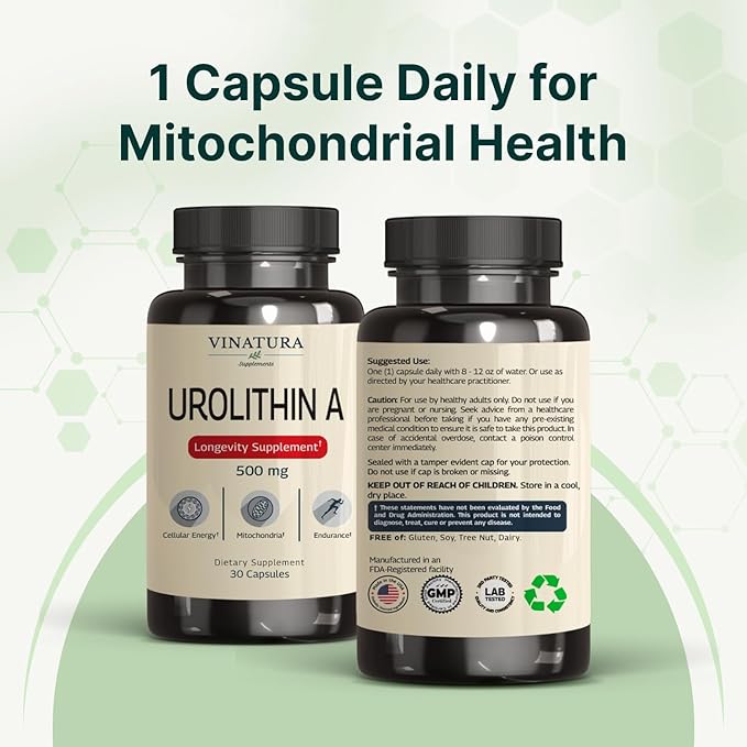VINATURA Urolithin A Supplement 500mg - Urolithin A+ for Powerful Antioxidants Anti Aging and Mitochondrial Support 30 Capsules