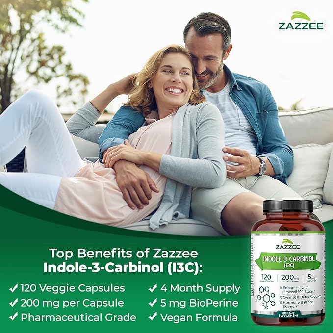 Zazzee High Absorption Indole-3-Carbinol (I3C) 200 mg per Capsule 120 Vegan Capsules 4 Month Supply 5 mg BioPerine for Enhanced Absorption 100% Vegetarian All-Natural and Non-GMO