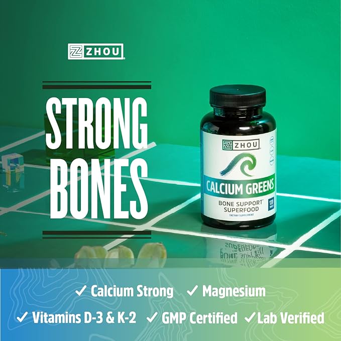 Zhou Calcium Greens - Calcium Supplements for Women &amp Men Bone Strength Support Supplement with Vitamin D3 Bone Support with Algae &amp Vitamin K2 &amp D Plant Based - 120 Tablets
