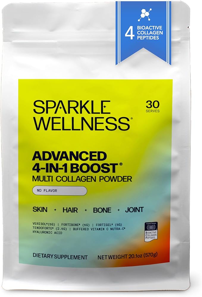 Sparkle Wellness Advanced 4 in 1 Boost | Clinically Tested Multi Collagen Powder with VERISOL FORTIBONE FORTIGEL TENDORFORTE | Skin Hair Bone Joint Health | No Flavor