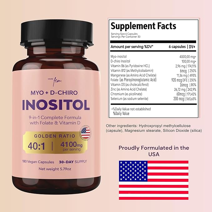 QSTA Myo-Inositol &amp D-Chiro Inositol Supplement for Women 4100mg (40:1 Ratio) – 9-in-1 Hormonal &amp Metabolic Support with Folate Vitamin B6 B12 D3 Zinc &amp Chromium