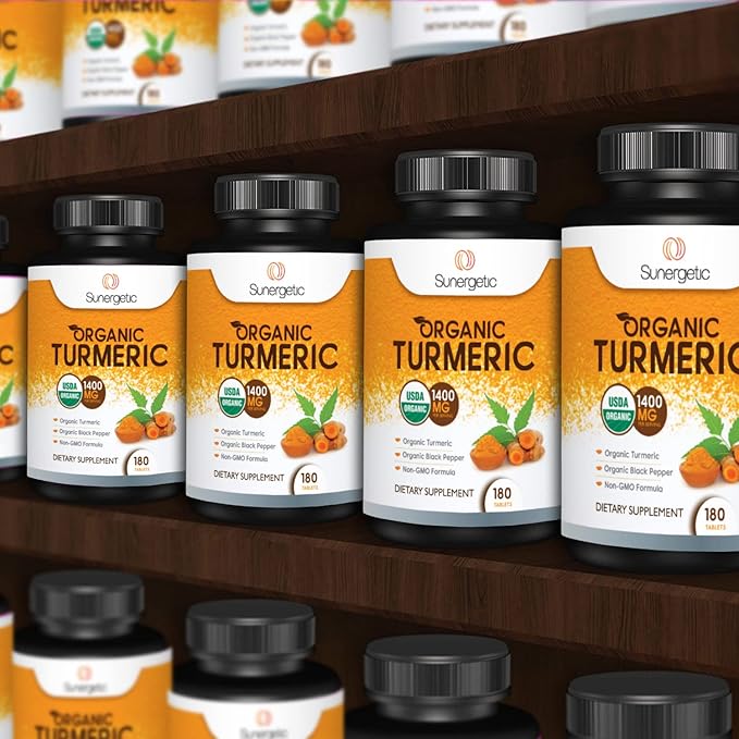 Sunergetic USDA Certified Organic Turmeric Supplement – Includes Organic Turmeric &amp Organic Black Pepper – 1400mg of Turmeric per Serving - 180 Count (Pack of 1)