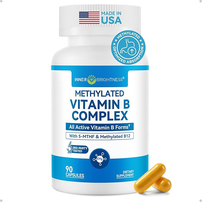 Vitamin B Complex - Fully Methylated Active B12 B6 Folate - for Energy Focus Mood &amp Nerve Health - Non-GMO Vegan Gluten-Free with B1 B2 B3 B5 B7-90 Capsules for 3 Months