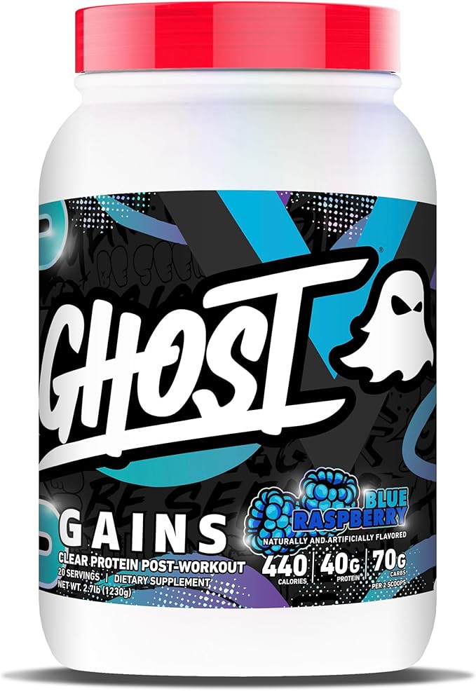 GHOST Clear Gains Mass Gainer Protein Powder - Post-Workout Weight Gainer Mix - 40g of Whey Protein Isolate 440 Calories &amp 70g Vitargo Carbs - Lean Muscle Building &amp Recovery - Blue Raspberry