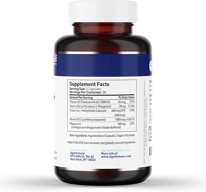 AgeImmune Vitamin B Complex with Vitamin D3 B12 B6 Magnesium Bisglycinate and Folate as Methylfolate - Doctor Formulated Methylated B Complex Supplement – 60 Capsules - Without Niacin