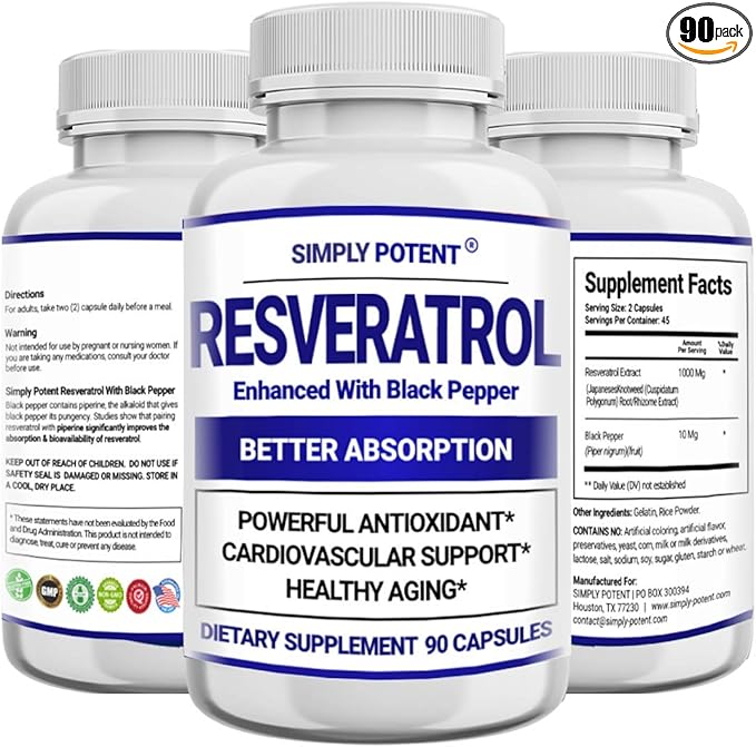 Resveratrol 1000mg Supplement Trans Resveratrol 500mg Resveratrol Enhanced with Black Pepper for Max Absorption Powerful Antioxidant &amp Anti-Aging Pills for Heart Immune &amp Skin Health 90 C