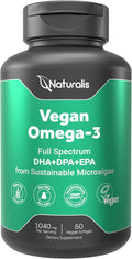 Naturalis Vegan Omega 3 DHA EPA &amp DPA from Algae | Vegan Society Certified Sustainably Sourced True Full Spectrum | 60 Veggie Softgels (Carrageenan Free)