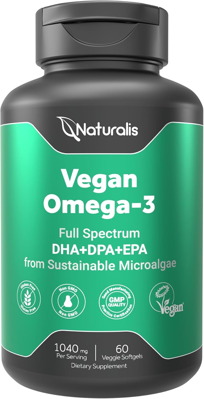 Naturalis Vegan Omega 3 DHA EPA &amp DPA from Algae | Vegan Society Certified Sustainably Sourced True Full Spectrum | 60 Veggie Softgels (Carrageenan Free)