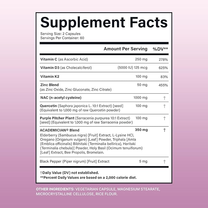 Vitamin D3 K2 Capsule Zinc Supplements Quercetin NAC N-Acetyl Cysteine Sarracenia Supplement - 120 Count