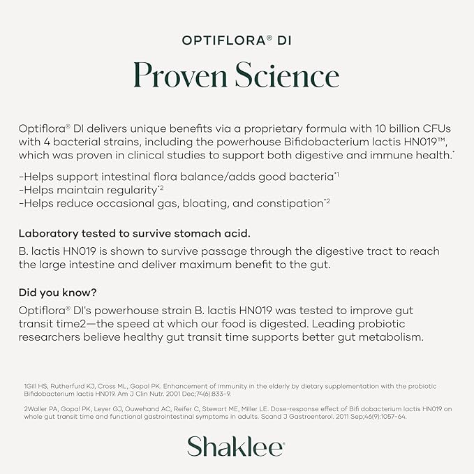 Shaklee - Optiflora® DI Probiotic -10 Billion CFUs - 4 Bacterial Strains - Bifidobacterium lactis HN019™ - Supports Intestinal Flora Balance &amp Regularity - Gluten Soy &amp Dairy Free - 30 Capsul