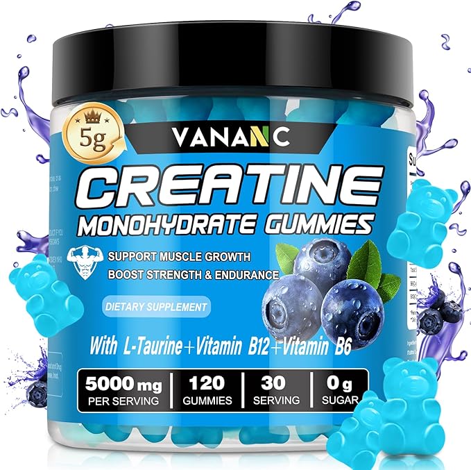 Creatine Monohydrate Gummies 5g for Men &amp Women120 Sugar-Free Chews Pre Workout Creatine Supplement with L-Taurine &amp Vitamins for Muscle Strength Boost Energy &amp Endurance-Blueberry Flavo