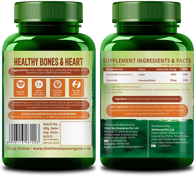 Himalayan Organics Vitamin D3 with K2 As MK7 Supplement- 120 Veg Tablets