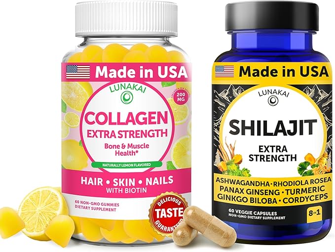Lunakai USA Made Collagen Gummies &amp Shilajit Capsules Bundle - Hair Skin Nails and Energy Support