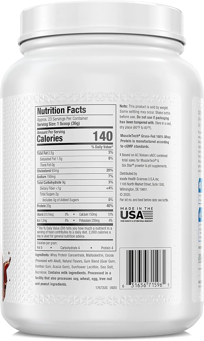 MuscleTech Grass Fed Whey Protein Powder Triple Chocolate &amp Deluxe Vanilla 1.8 lbs Each